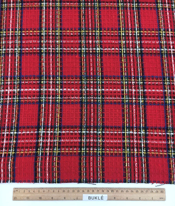 Tartan Plaid Check WOOL Fabric Red White Multicolor Textured 1.4 Yard - buklefabrics