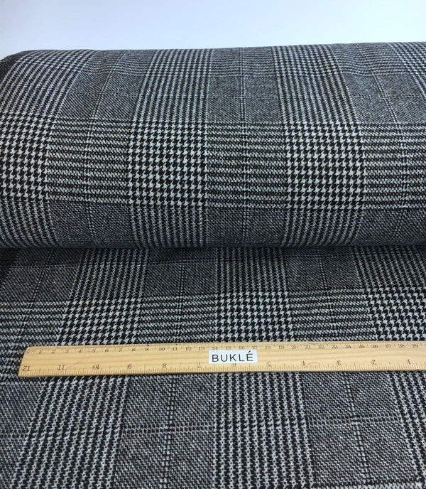 Plaid check WOOL coat fabric grey houndstooth tweed prince of wales pattern - buklefabrics