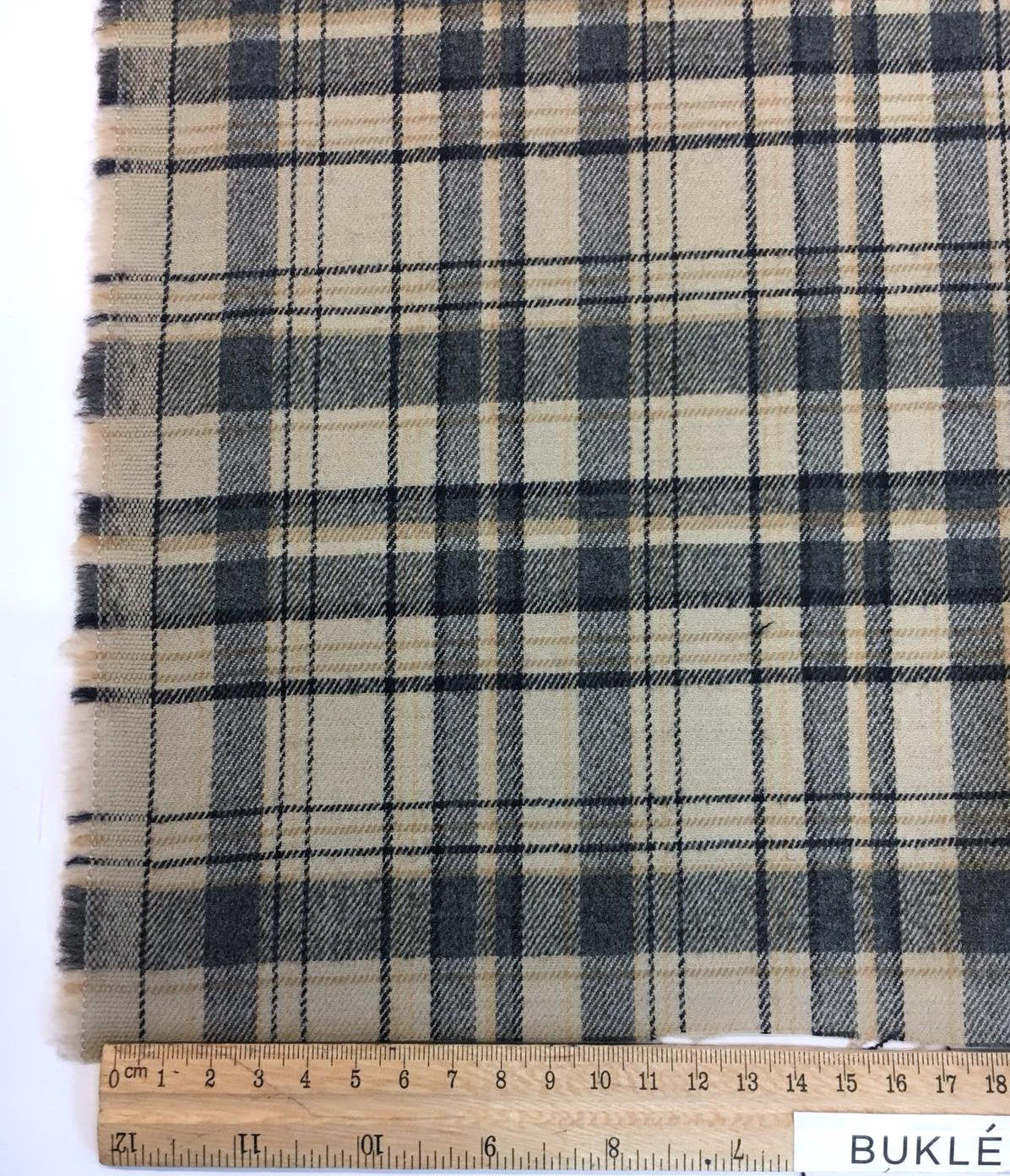 Tartan Plaid Check WOOL Fabric Beige Black Material for Suiting Dress - buklefabrics