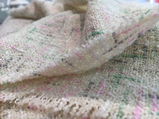 White Wool BOUCLE TWEED fabric pink green accents 1.4 Yard jacket length - buklefabrics