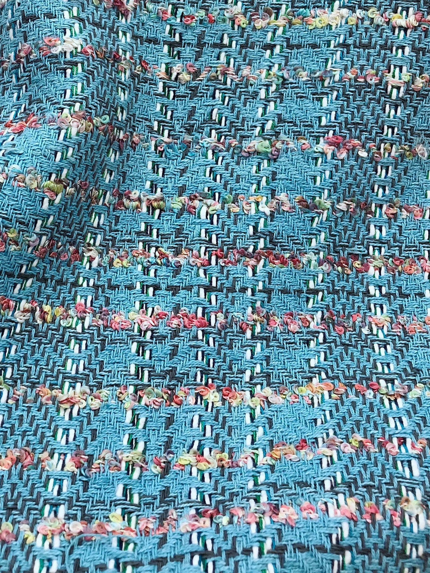 BOUCLE tweed fabric blue plaid check textured cotton viscose material - buklefabrics