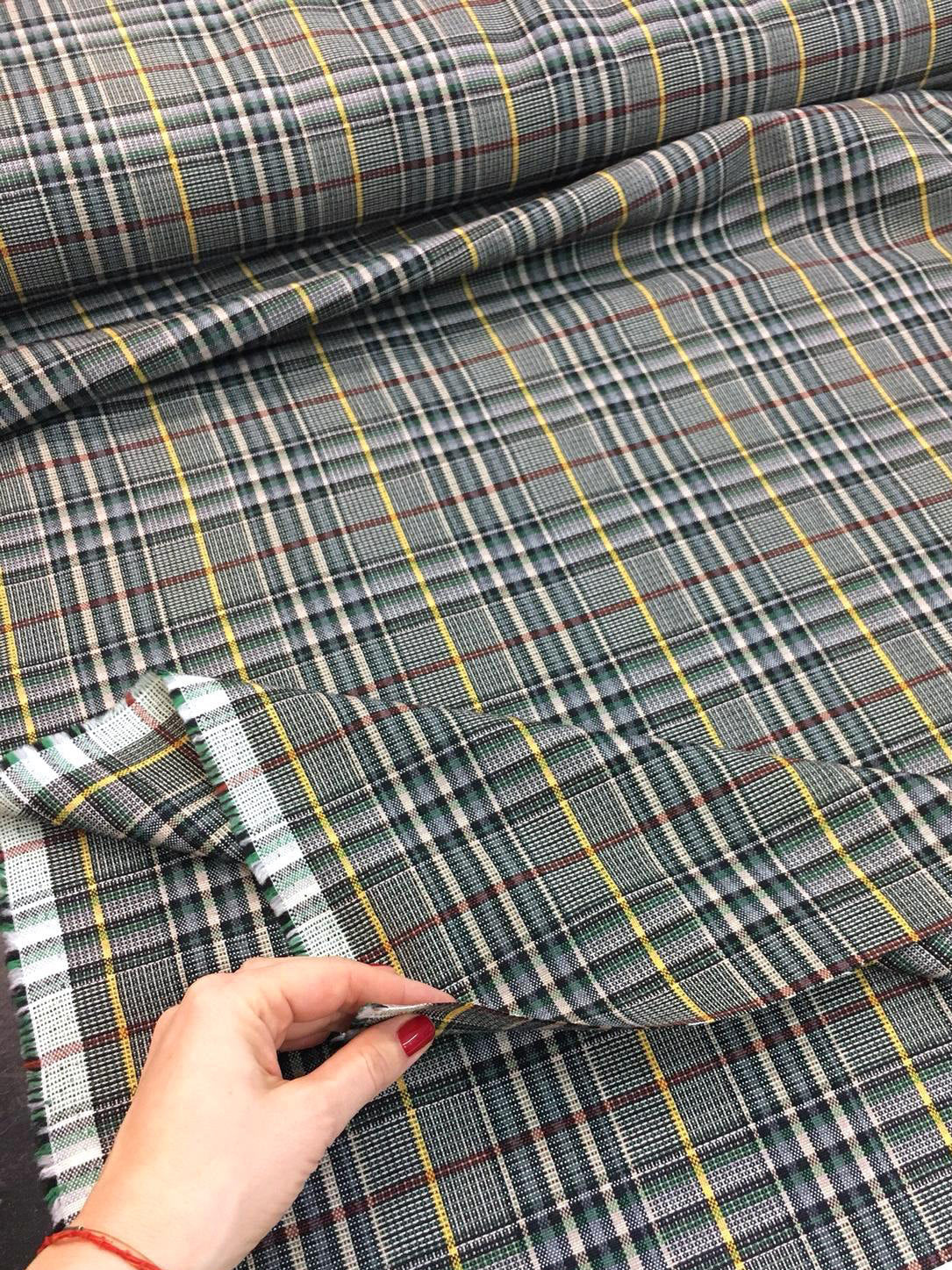 Tartan Plaid Check Fabric 100% WOOL Multicolor with Burgundy Yellow Overcheck - buklefabrics