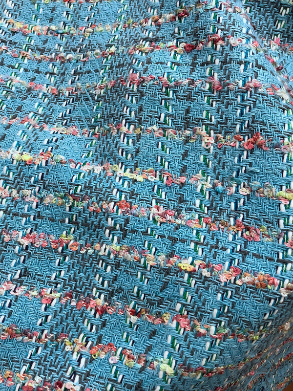 BOUCLE tweed fabric blue plaid check textured cotton viscose material - buklefabrics