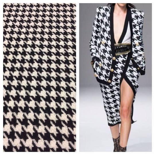 WOOL fabric houndstooth check TWEED black and white boucle material - buklefabrics