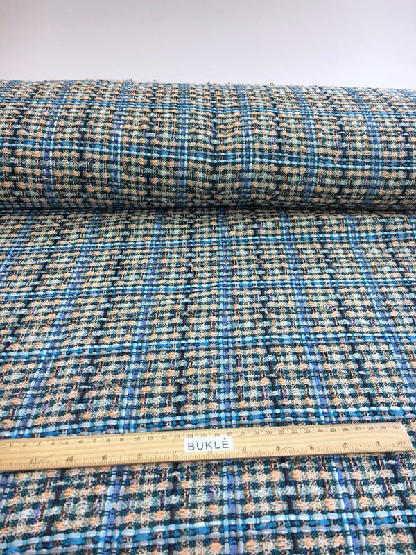 BOUCLE TWEED wool fabric blue plaid check sewing material - buklefabrics