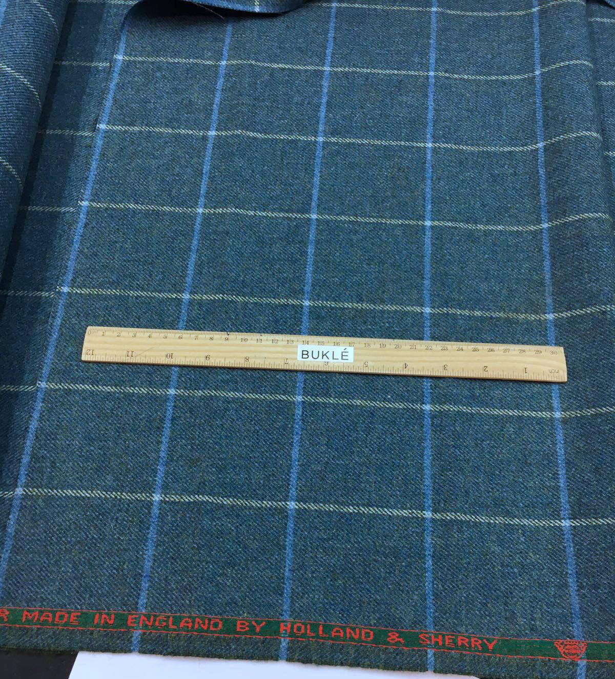 Tartan plaid WOOL fabric Blue windowpane check by HOLLAND & SHERRY tweed jacket length 1.4 Yard - buklefabrics