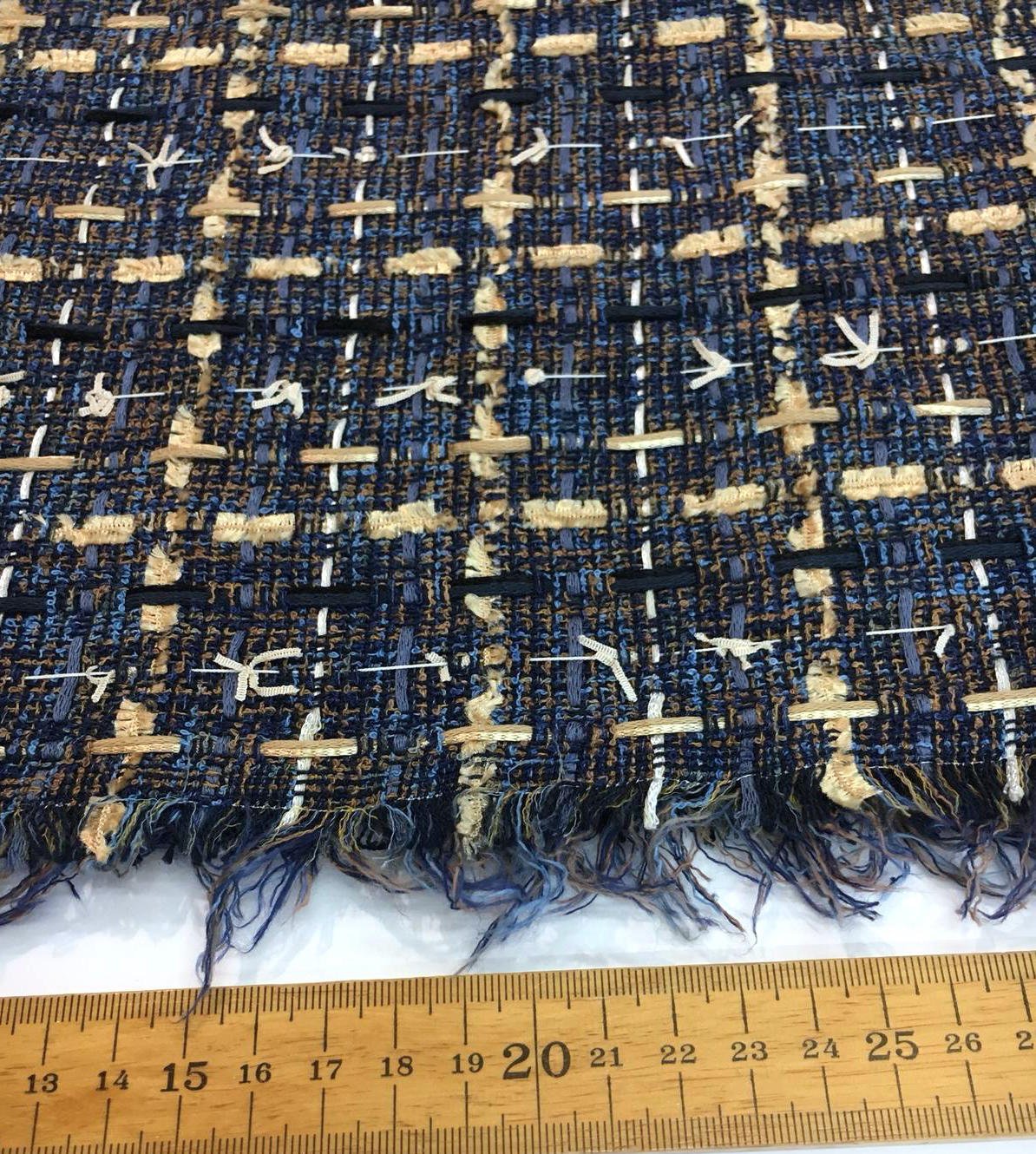 Plaid Check Boucle Tweed Fabric Cotton in Blue Ivory - buklefabrics