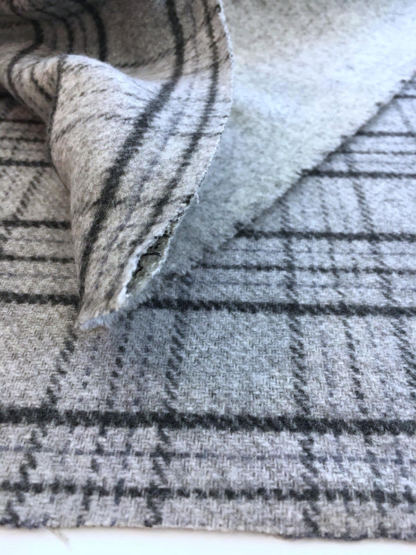 Wool Fabric for Winter Coat Grey Tartan Plaid Check Double Sided STRETCH - buklefabrics