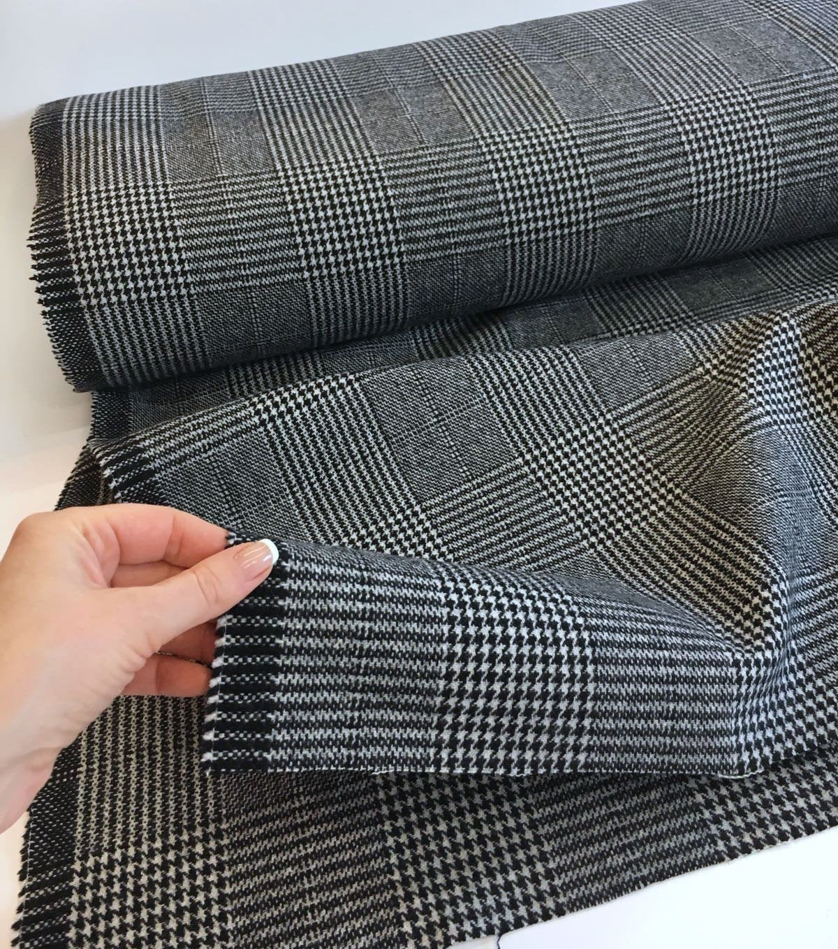 Plaid check WOOL coat fabric grey houndstooth tweed prince of wales pattern - buklefabrics