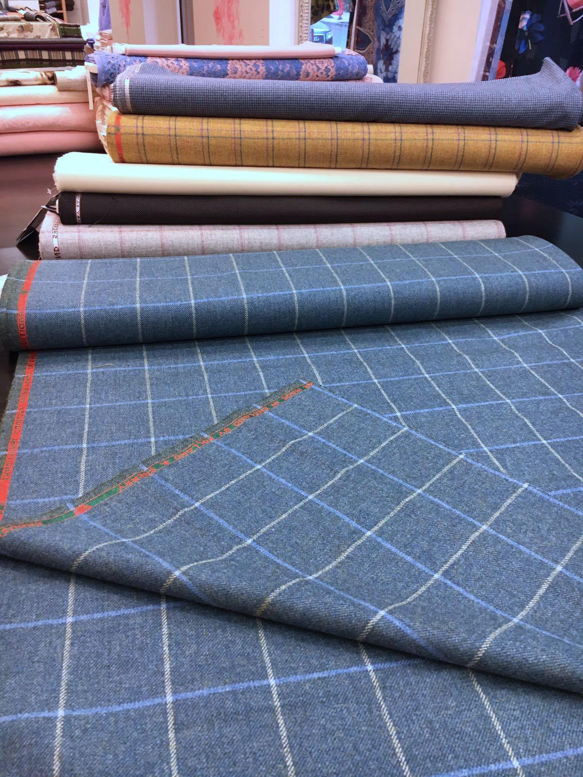 Tartan plaid WOOL fabric Blue windowpane check by HOLLAND & SHERRY tweed jacket length 1.4 Yard - buklefabrics