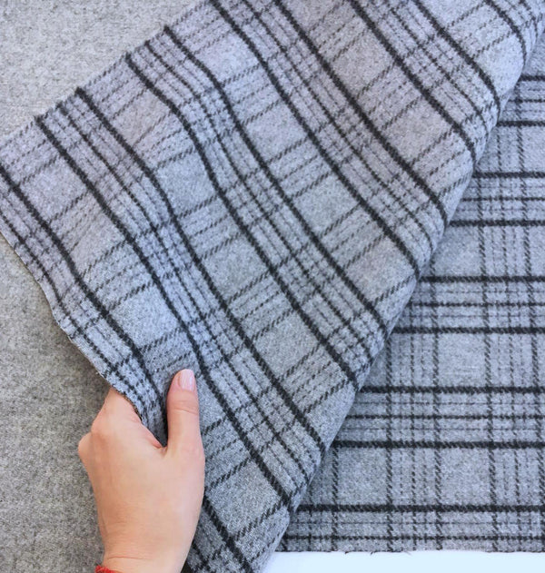 Wool Fabric for Winter Coat Grey Tartan Plaid Check Double Sided STRETCH - buklefabrics