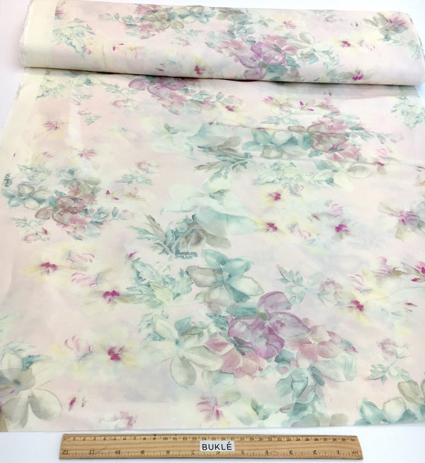 SILK LINEN Fabric Floral Print Beige with Pink Flowers - buklefabrics