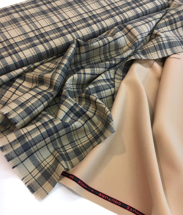 Tartan Plaid Check WOOL Fabric Beige Black Material for Suiting Dress - buklefabrics