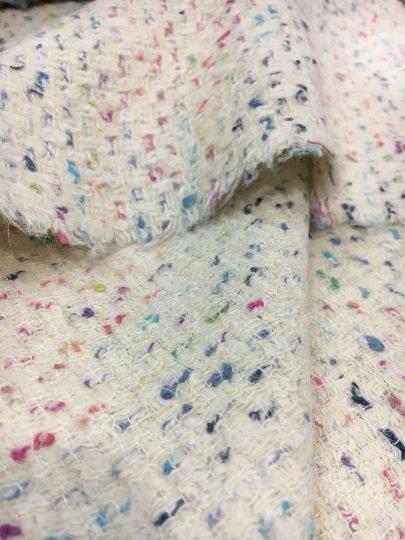 BOUCLE Tweed wool fabric white with multicolour yarn - buklefabrics