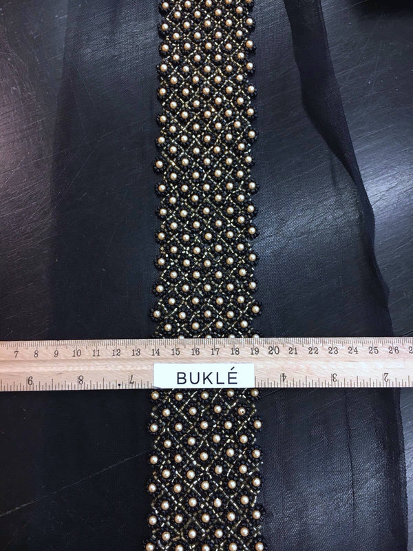 Black beaded 3d lace trim golden pearls and black Iridescent beads - buklefabrics