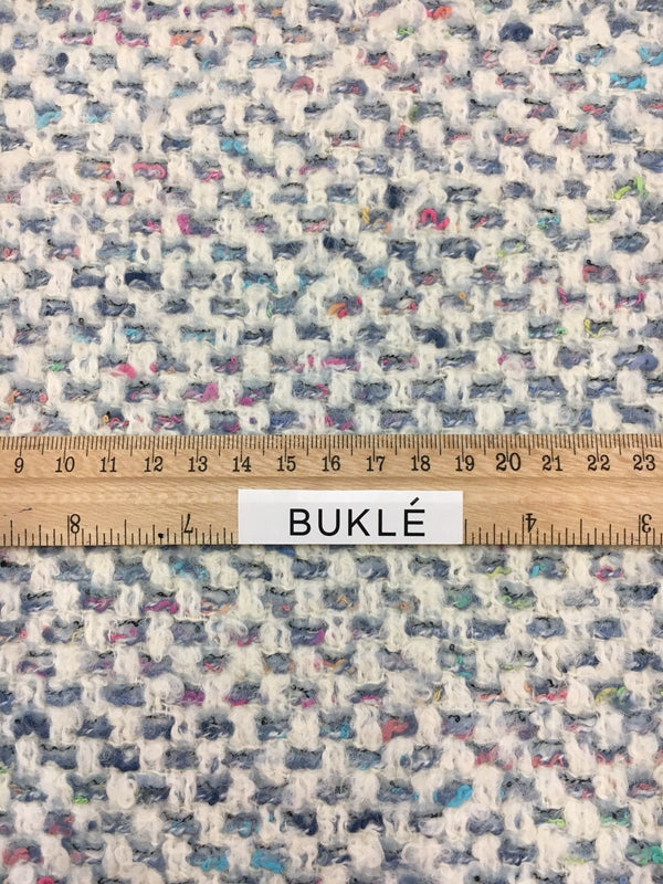 BOUCLE tweed fabric wool blend in white blue gingham pattern - buklefabrics