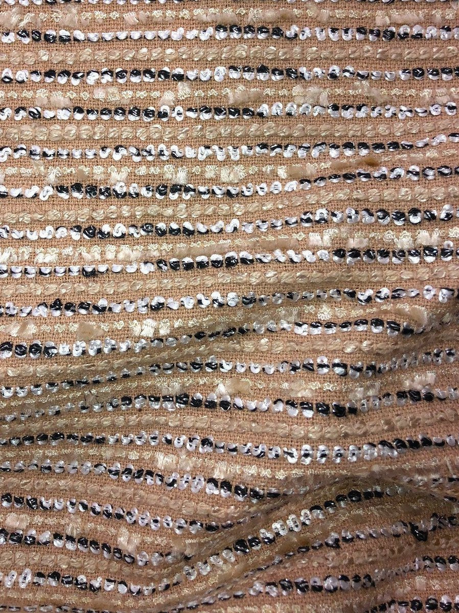 Beige Boucle Tweed Fabric with Black and White Stripe Accents - buklefabrics