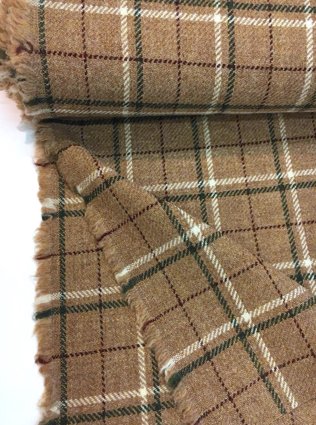 100% WOOL Tweed Fabric Brown Tartan Plaid Check - buklefabrics