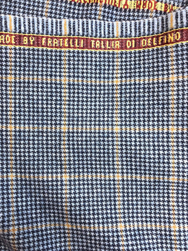 Mongolian Cashmere Wool Fabric Blue Houndstooth Yellow Windowpane Check - buklefabrics