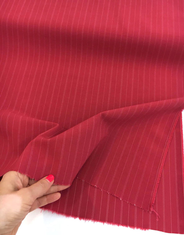 Red WOOL Fabric White Pin Stripe Spandex Lycra STRETCH  Dress Material - buklefabrics