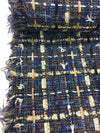 Plaid Check Boucle Tweed Fabric Cotton in Blue Ivory - buklefabrics