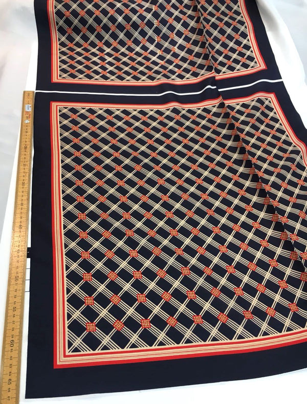 SILK Fabric navy blue red gold printed geometric diamond pattern for dress - buklefabrics