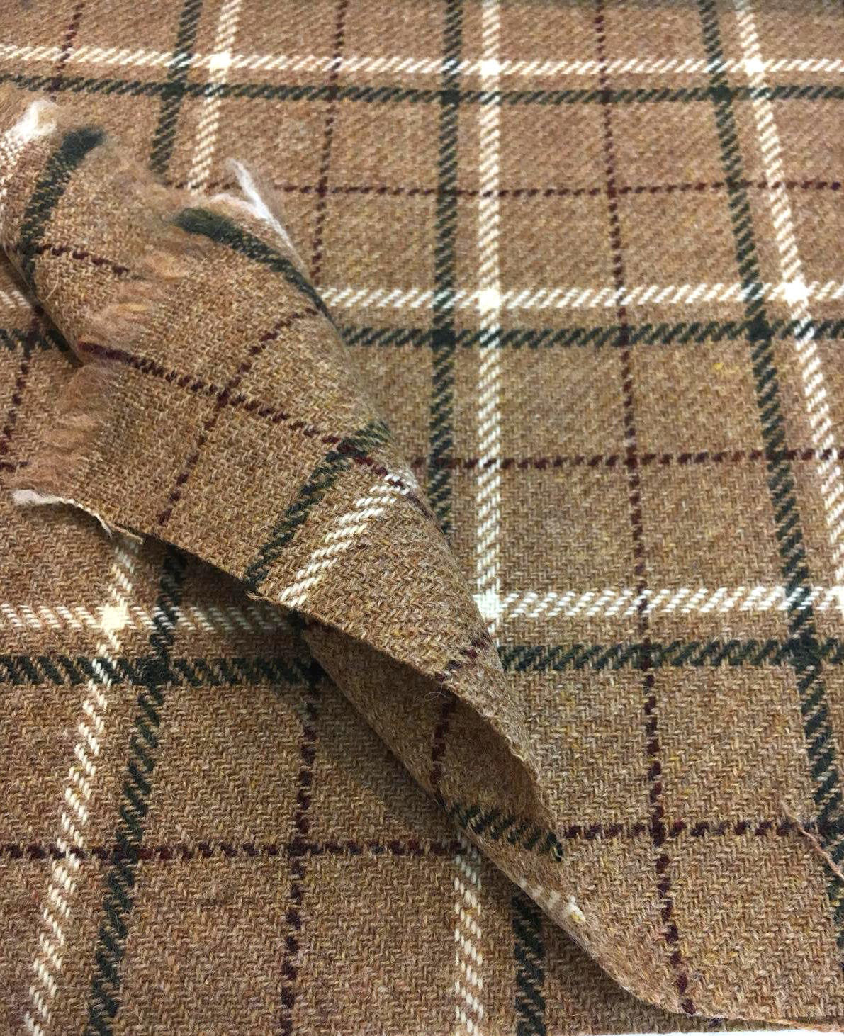 100% WOOL Tweed Fabric Brown Tartan Plaid Check - buklefabrics