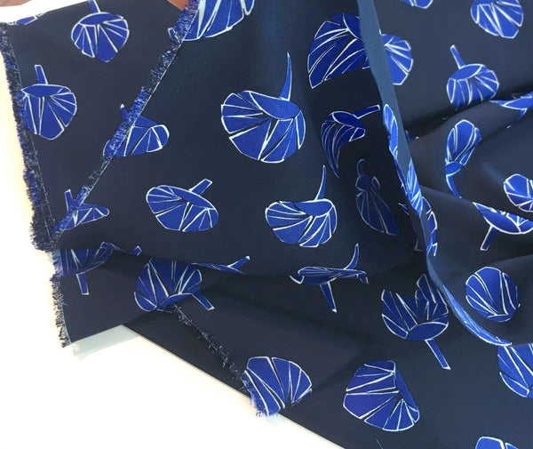 Black Floral Printed SILK Fabric Blue Flowers 0.90 Yard - buklefabrics