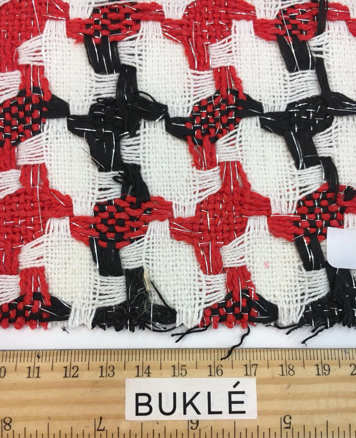 BOUCLE tweed fabric houndstooth check red white black jacket length 1.6 Yard - buklefabrics