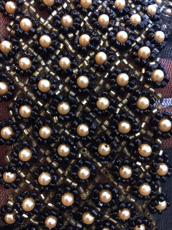 Black beaded 3d lace trim golden pearls and black Iridescent beads - buklefabrics