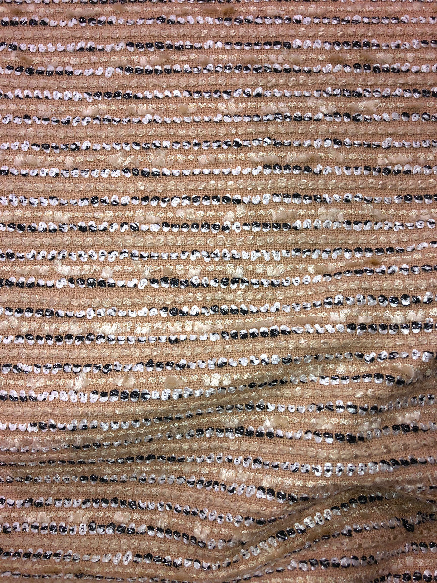 Beige Boucle Tweed Fabric with Black and White Stripe Accents - buklefabrics