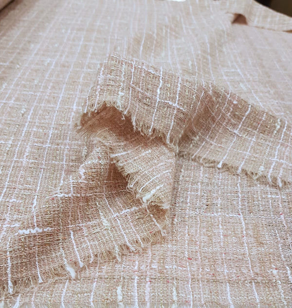 Boucle Tweed wool fabric in blush white check jacket length 1.5 yd - buklefabrics