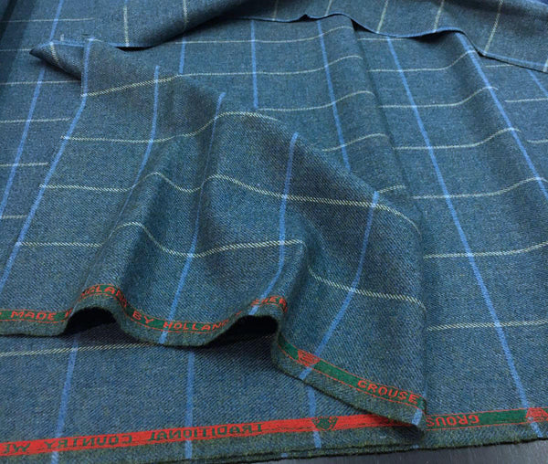 Blue Wool Plaid Check Windowpane Fabric by HOLLAND & SHERRY Remnant 1.4 Yard - buklefabrics