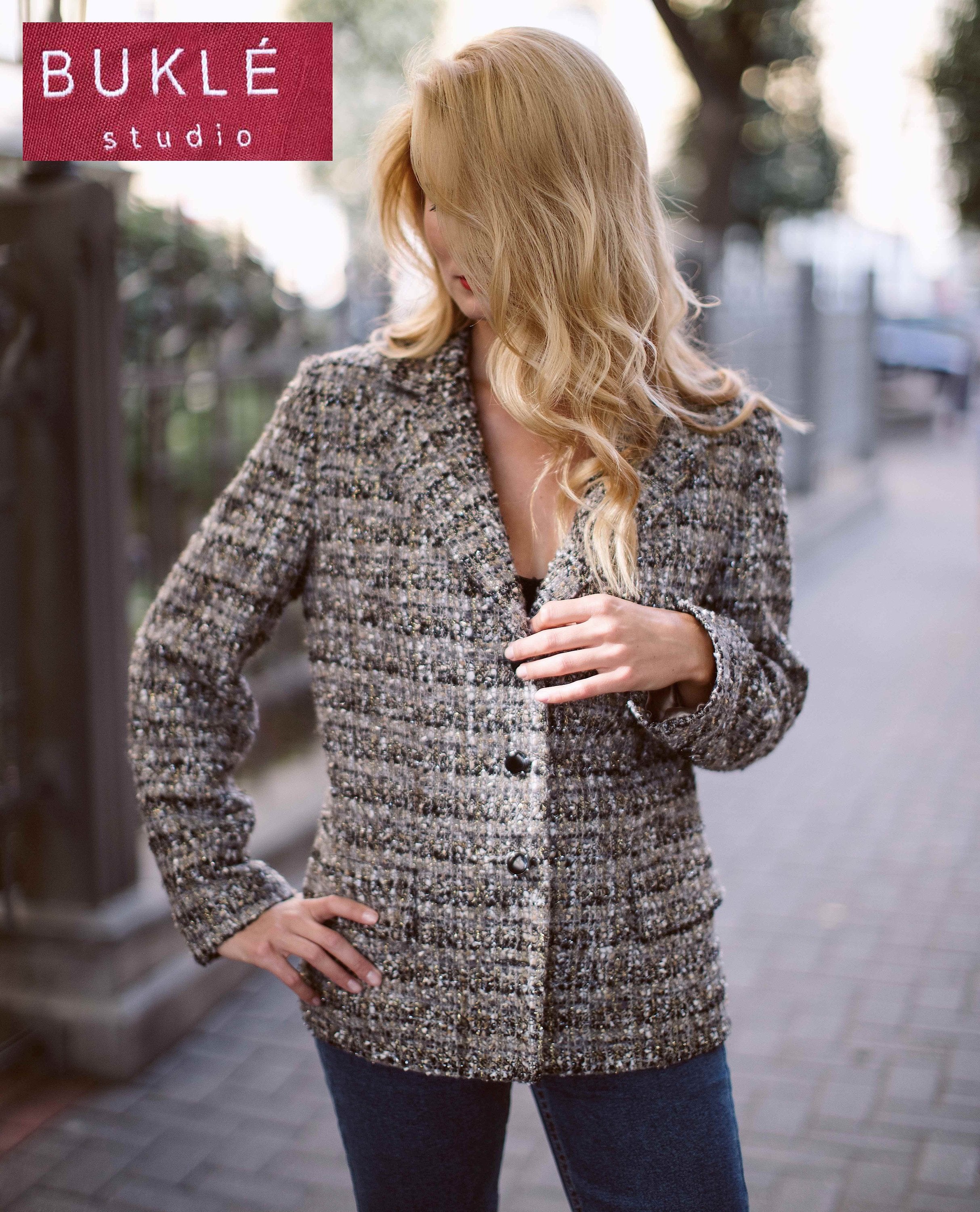 Womens boucle tweed jacket loose street style grey black gold white tweed - buklefabrics