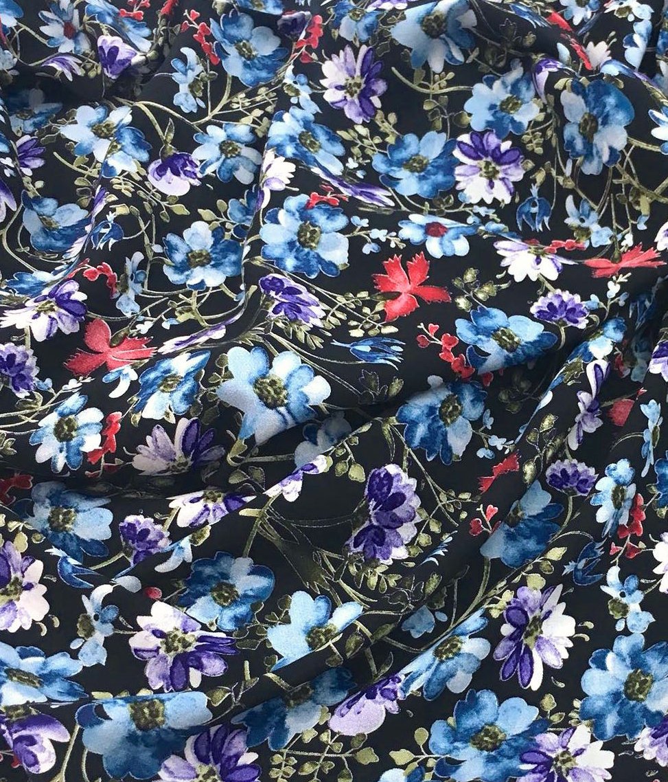 Black Floral VISCOSE Fabric Botanical Print Blue  Red Flower Blossom - buklefabrics