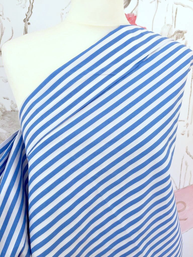 Blue and White Nautical Stripe COTTON Fabric Spandex Lycra Stretch - buklefabrics