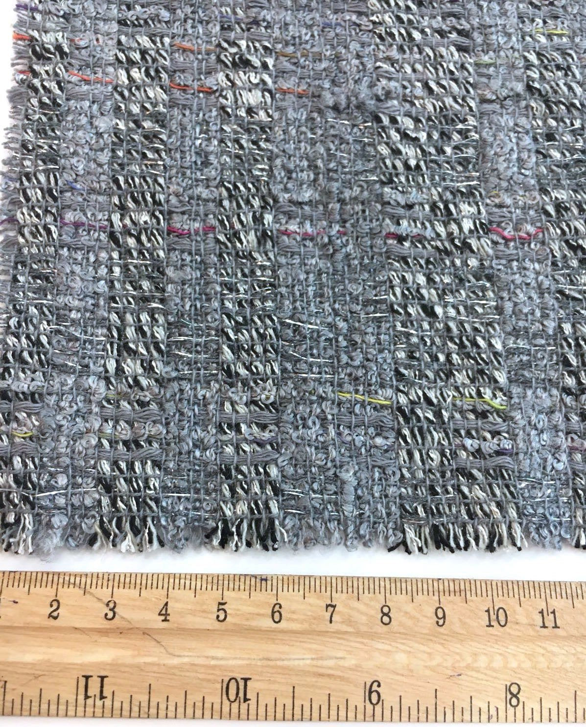 BOUCLE tweed fabric textured cotton silver grey check length 1.6yd - buklefabrics