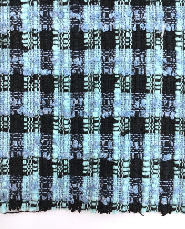 Check BOUCLE Tweed Fabric Blue Black Textured Cotton 1.6 Yard - buklefabrics