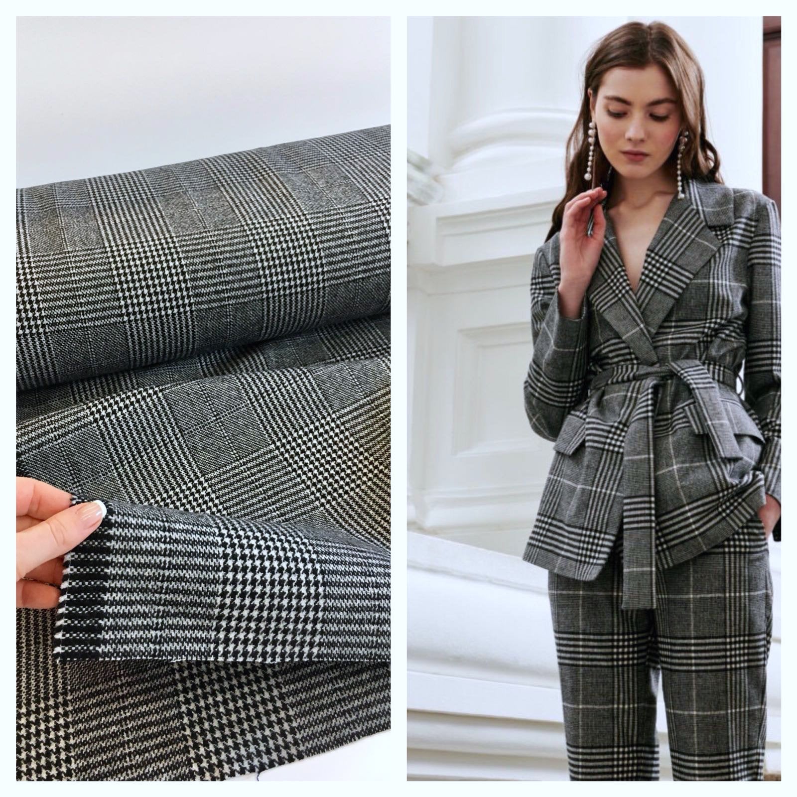 Plaid check WOOL coat fabric grey houndstooth tweed prince of wales pattern - buklefabrics