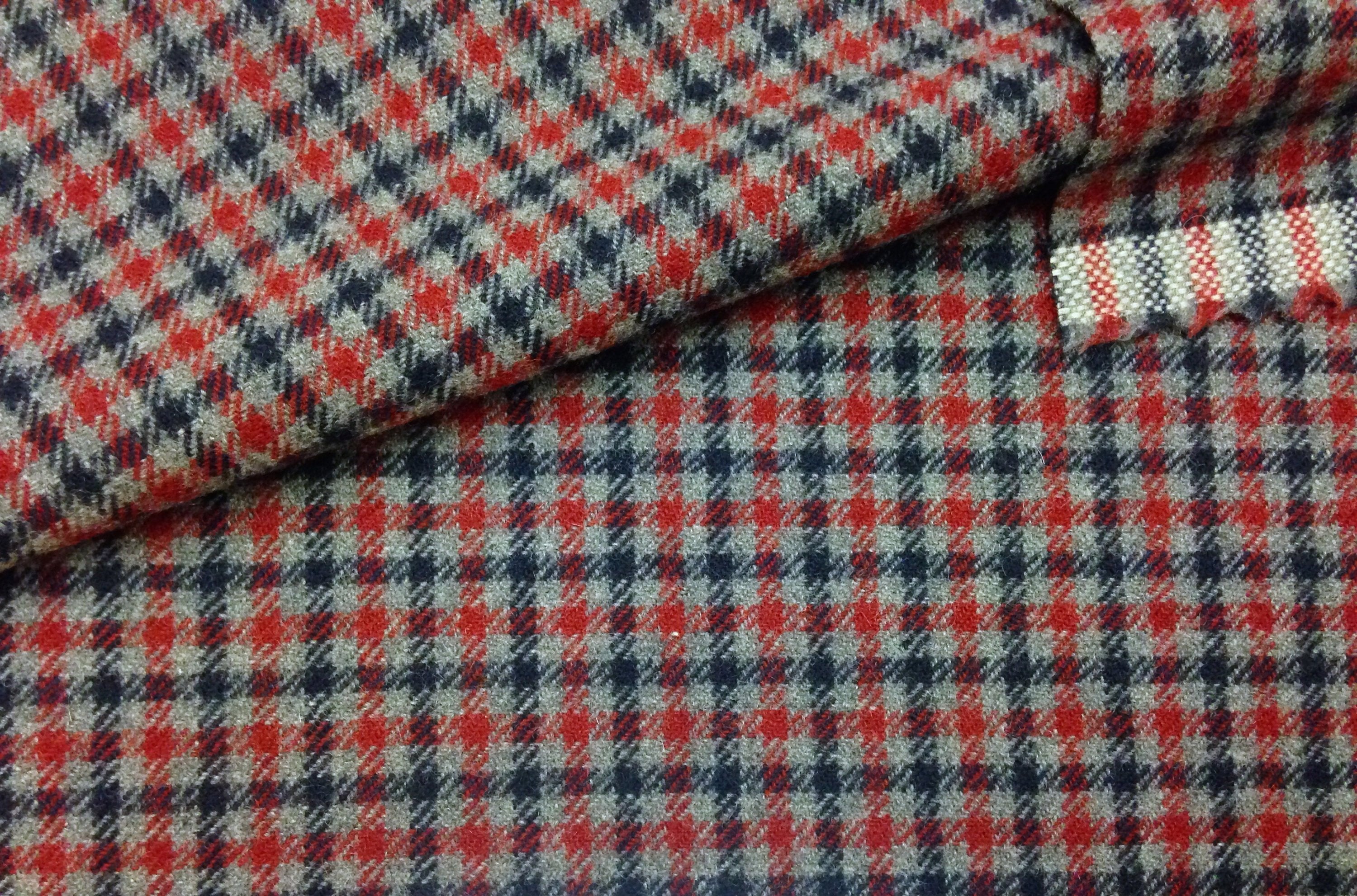 Pure WOOL TWEED Fabric Gingham Check Pattern in Red Grey Navy - buklefabrics