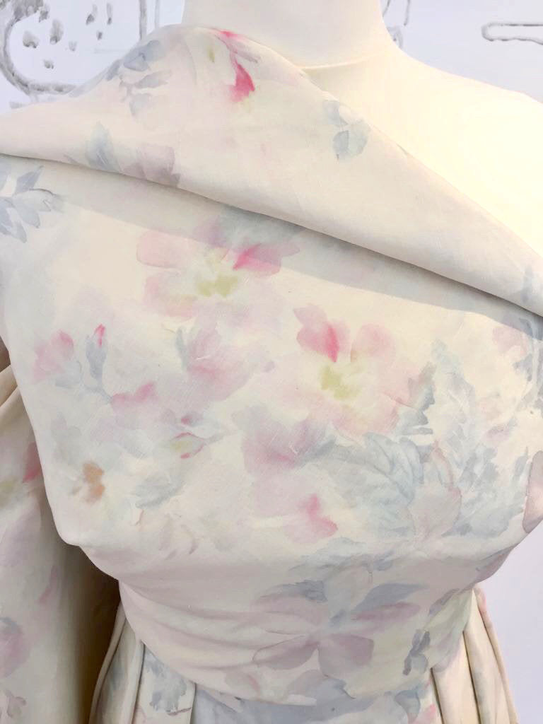 SILK LINEN Fabric Floral Print Beige with Pink Flowers - buklefabrics