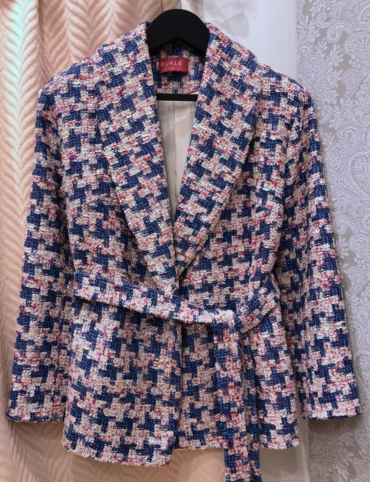 Ladies boucle tweed jacket trendy plus size short coat pink blue houndstooth - buklefabrics