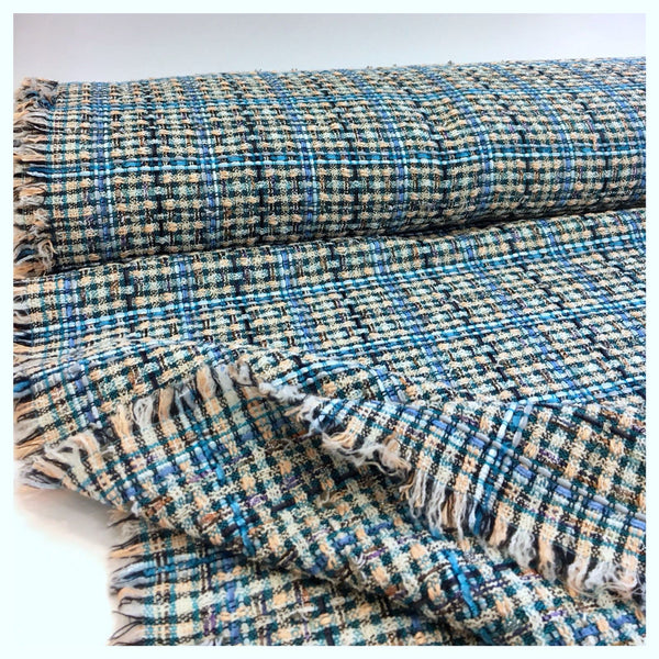 BOUCLE TWEED wool fabric blue plaid check sewing material - buklefabrics