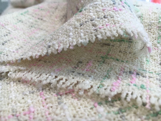 White Wool BOUCLE TWEED fabric pink green accents 1.4 Yard jacket length - buklefabrics