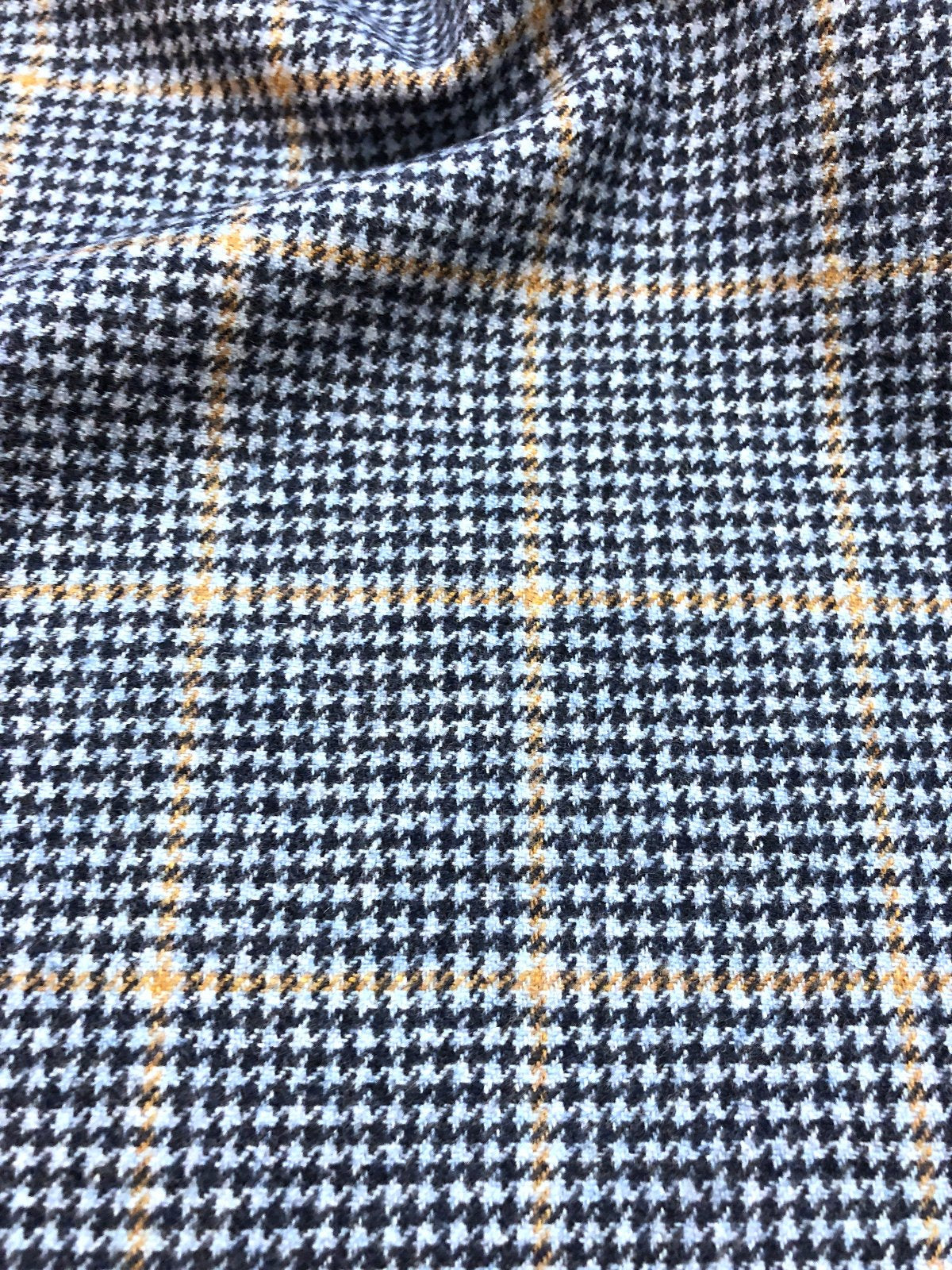 Mongolian Cashmere Wool Fabric Blue Houndstooth Yellow Windowpane Check - buklefabrics