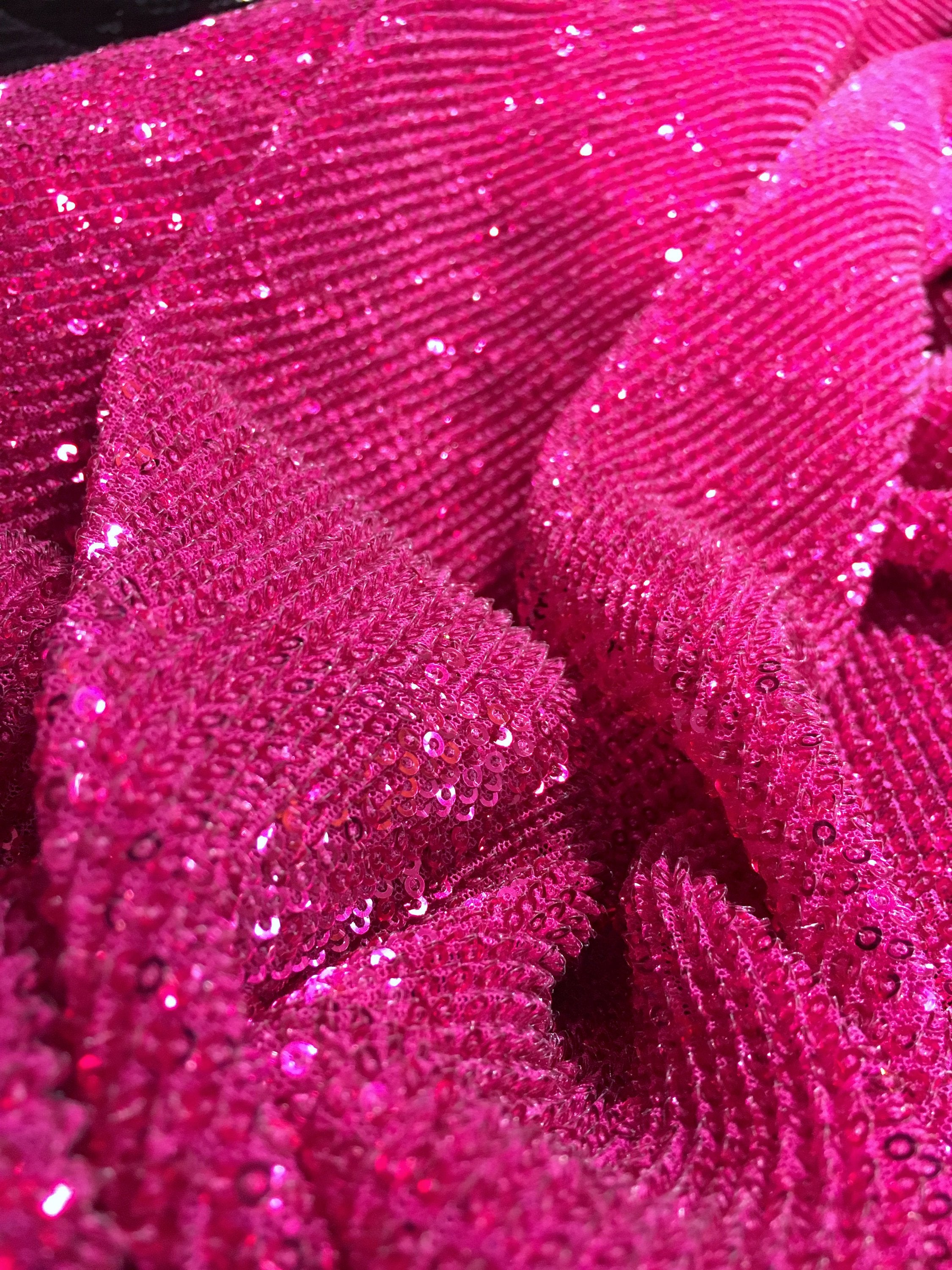 Sequins on Pleated Tulle Fabric in Fuchsia Raspberry - Novelty Prom Material - buklefabrics