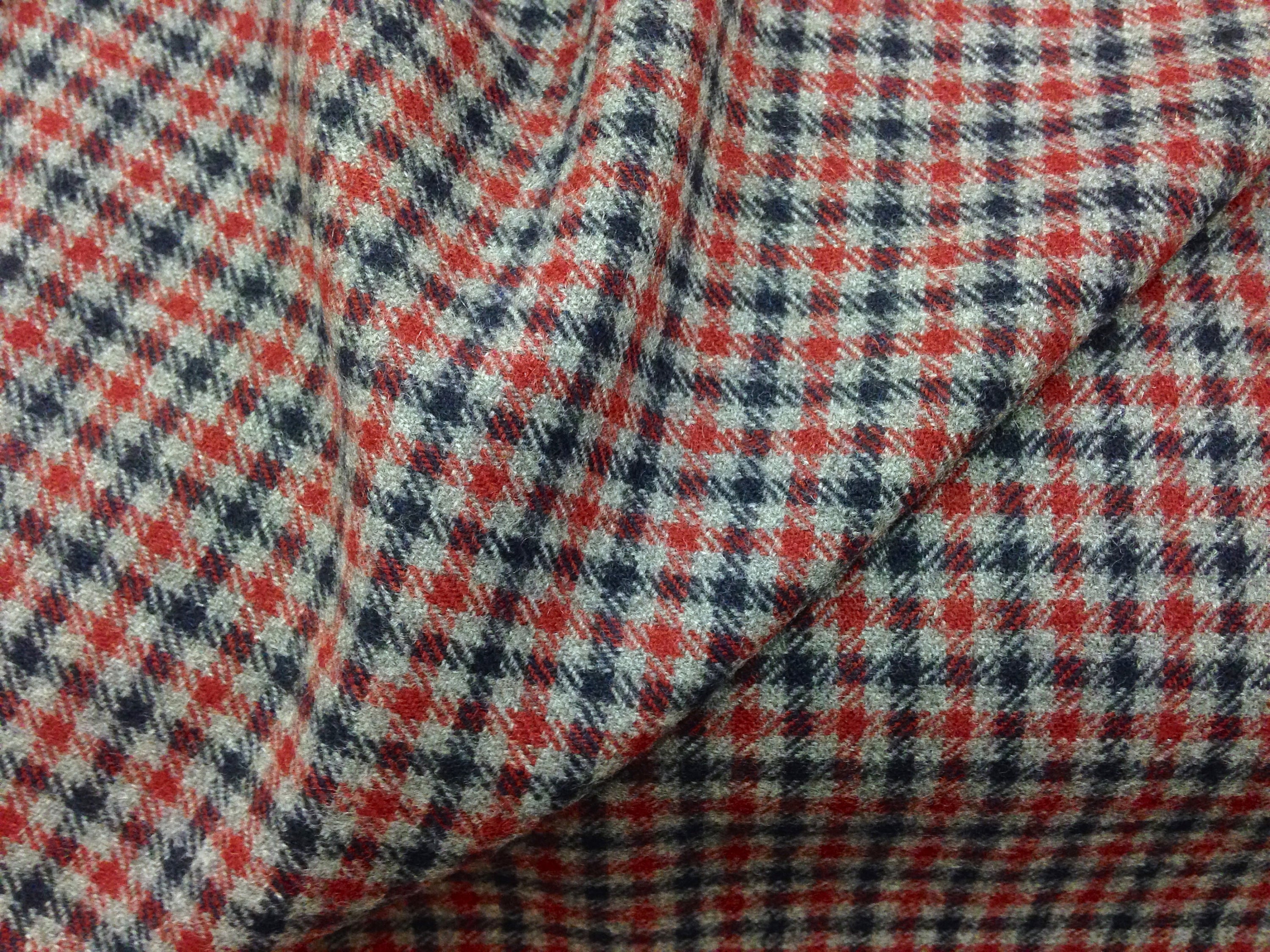 100% WOOL Fabric Gingham Check Red Navy Grey Soft Tweed