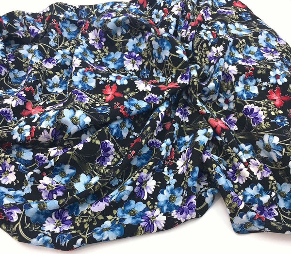 Black Floral VISCOSE Fabric Botanical Print Blue  Red Flower Blossom - buklefabrics