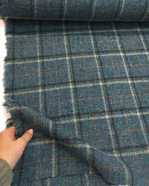 100% WOOL Fabric Blue Tartan Plaid Check Tweed - buklefabrics