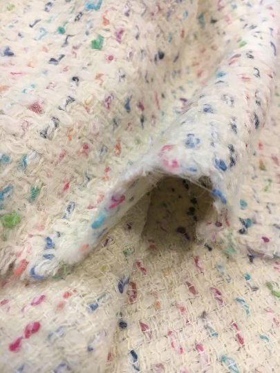 BOUCLE Tweed wool fabric white with multicolour yarn - buklefabrics